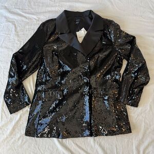 Forever 21 Plus Black Sequin Blazer 1X Satin Lapel Party Jacket NWT Glam